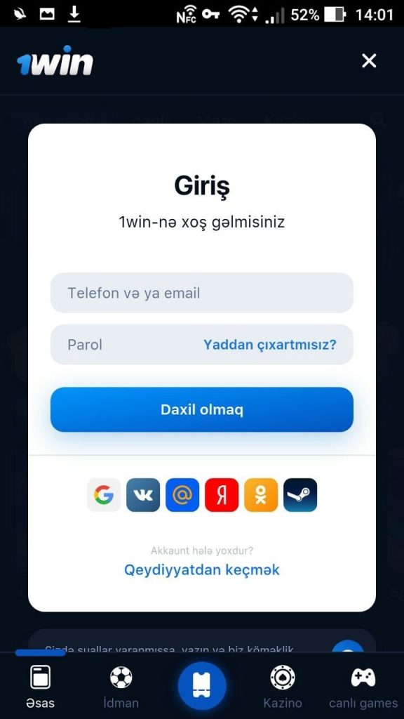 1win hesaba giriş ekranı