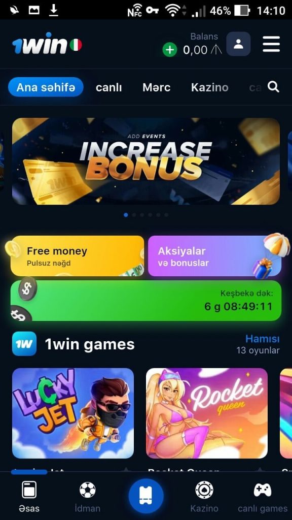 1win mobil tətbiq interfeysi