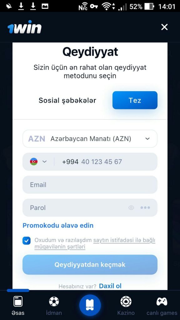 1win tətbiqində qeydiyyat ekranı